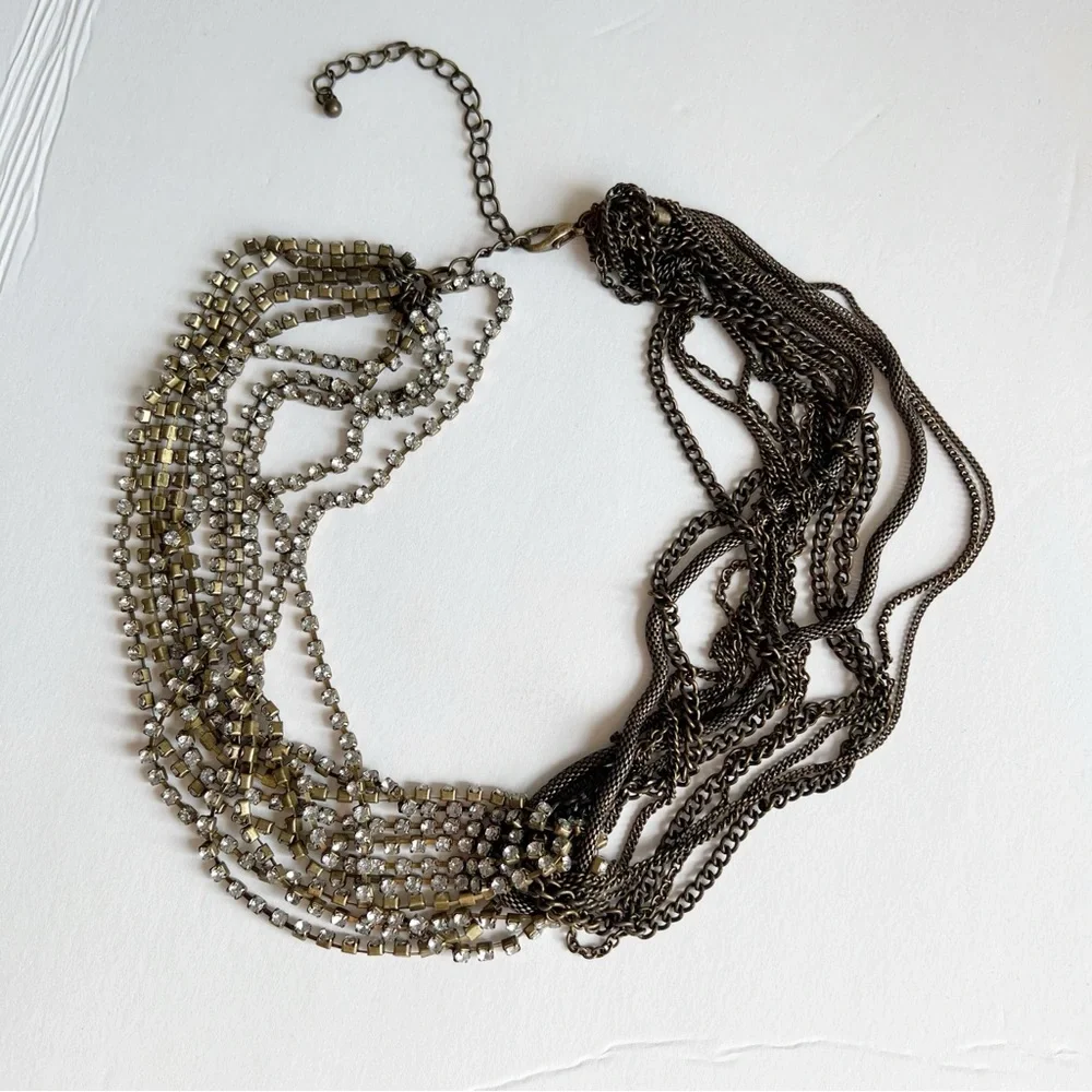 Multi layer chain rhinestone statement necklace brass gold indie y2k - Picture 4 of 9